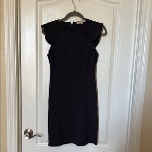 Elegant Blue Pinstriped Ruffle Sleeve Dress